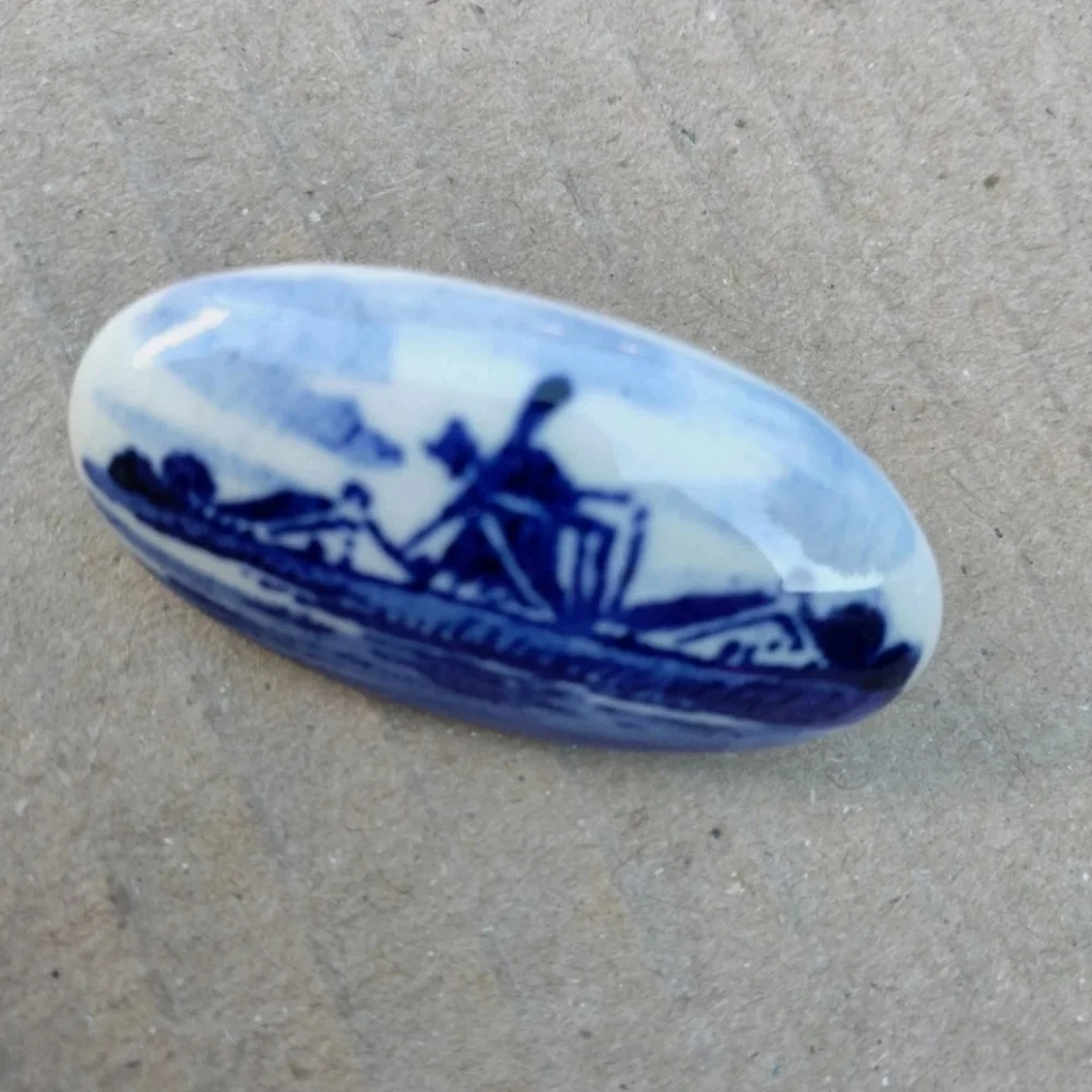 Vintage Blue & White Holland Delft Windmill Oval Brooch Pin
